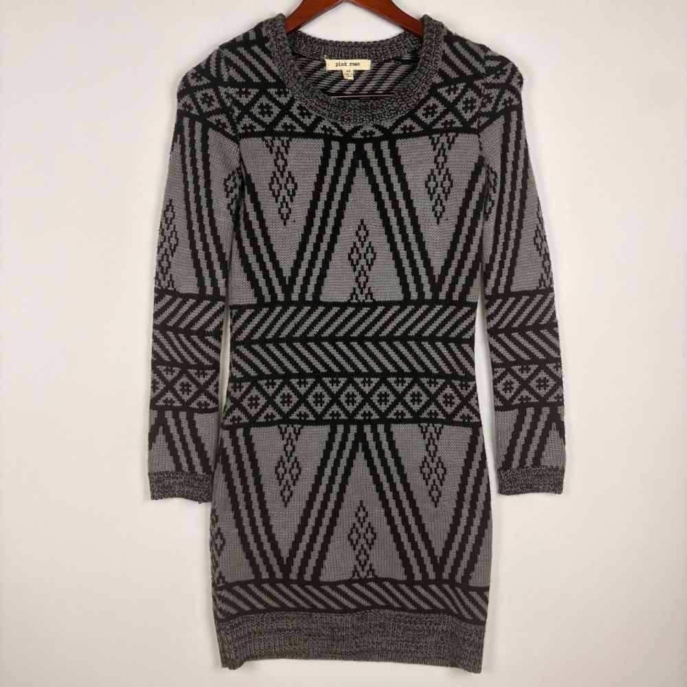 Pink Rose Sweater Dress Aztec Geometric Knit Mini